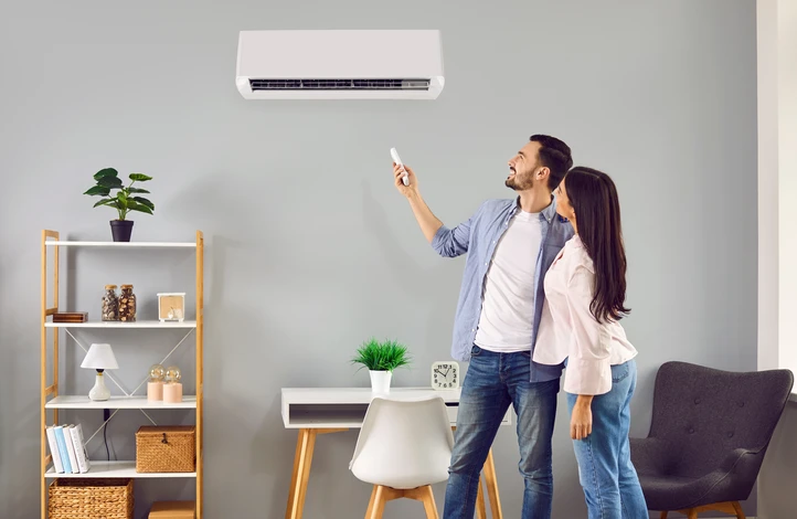 Mère et enfant avec télécommande de l'air conditionné